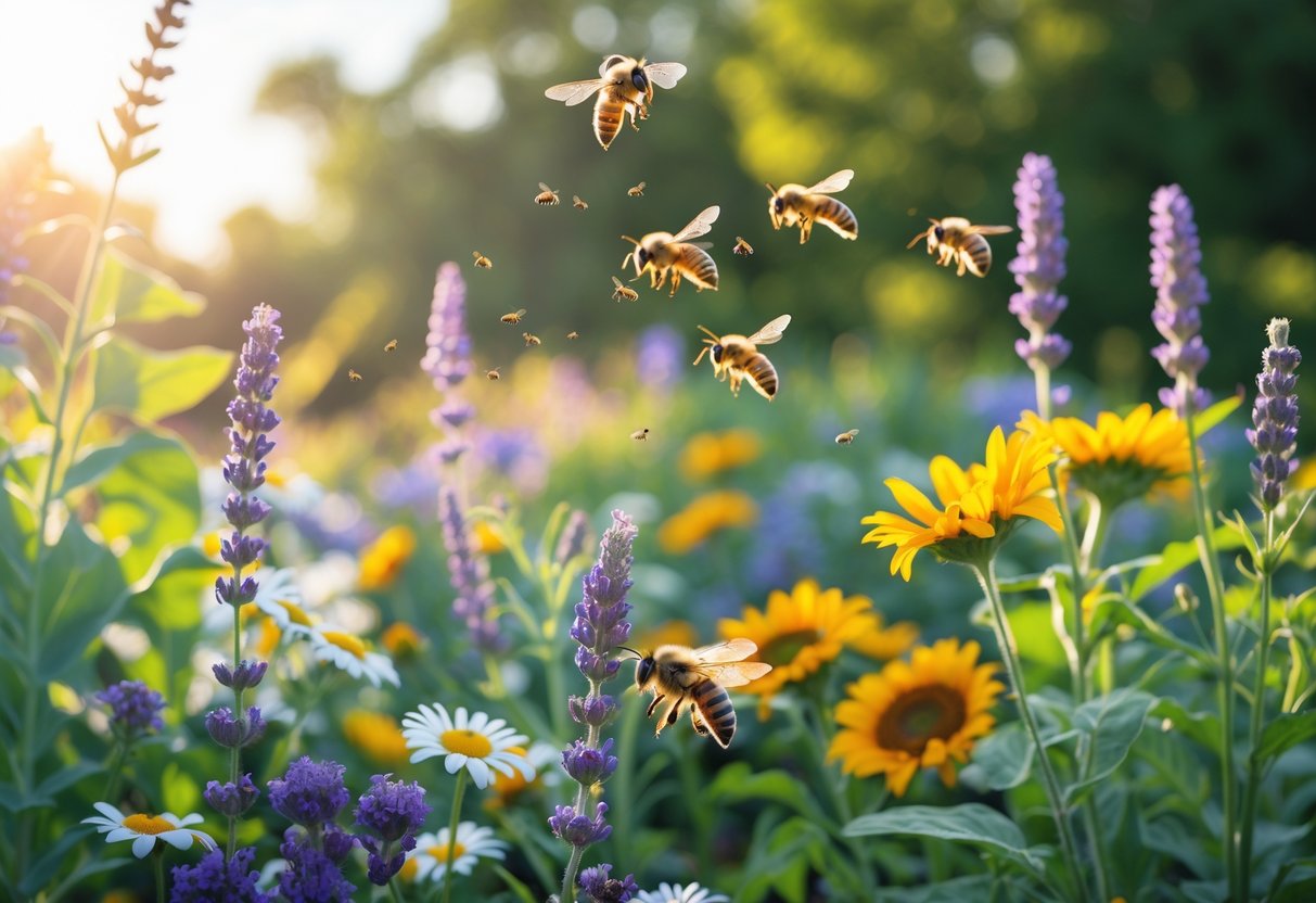 A garden with colorful flowers and bees flying and pollinating them in the morning light.