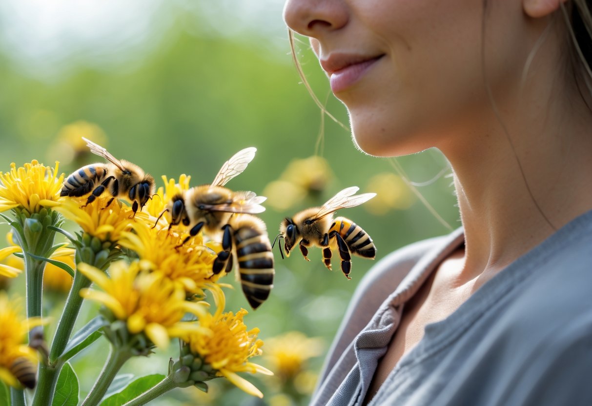 A person calmly observing bees pollinating yellow flowers outdoors.