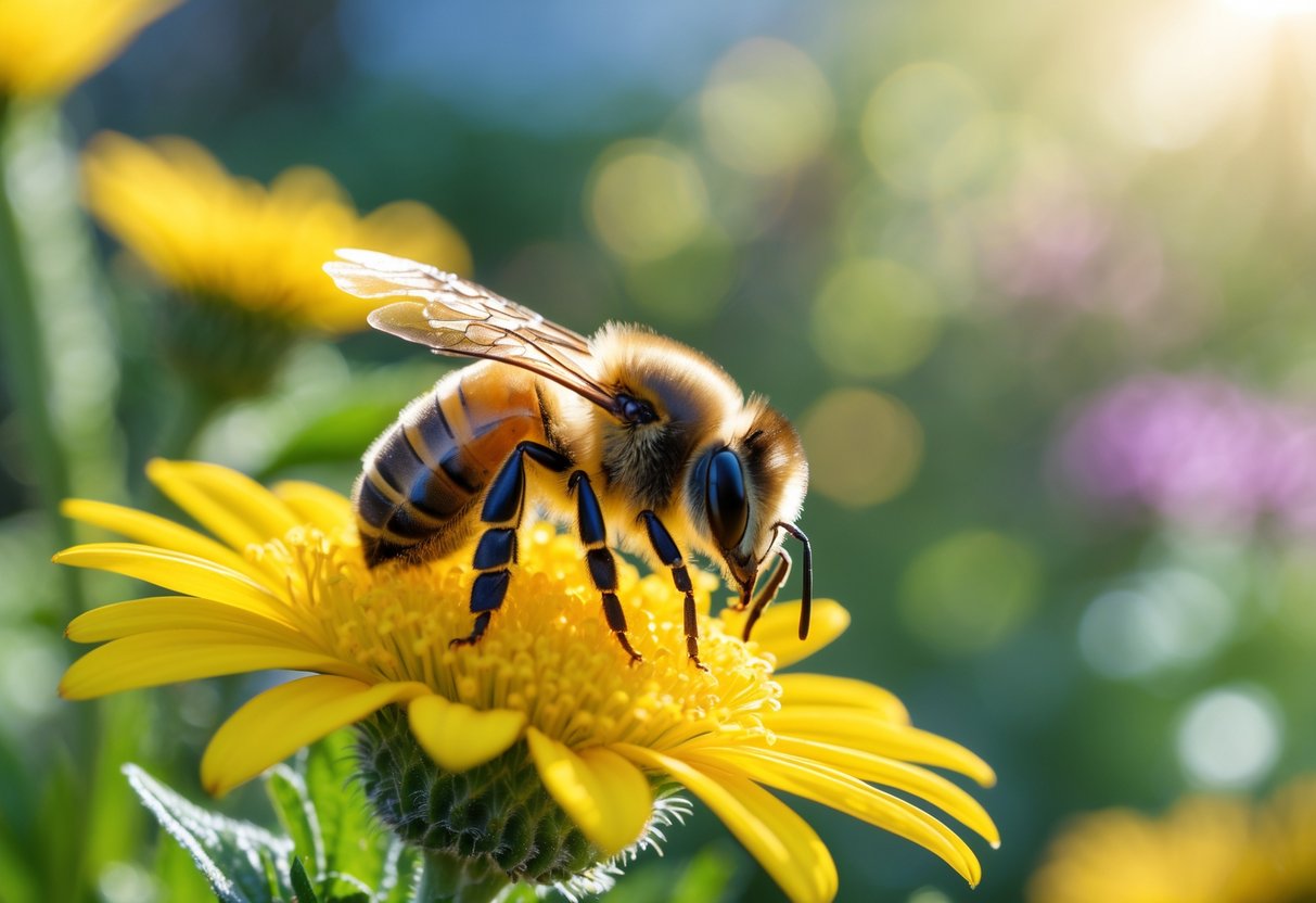 A honeybee resting on a yellow flower in a garden with green plants in the background.