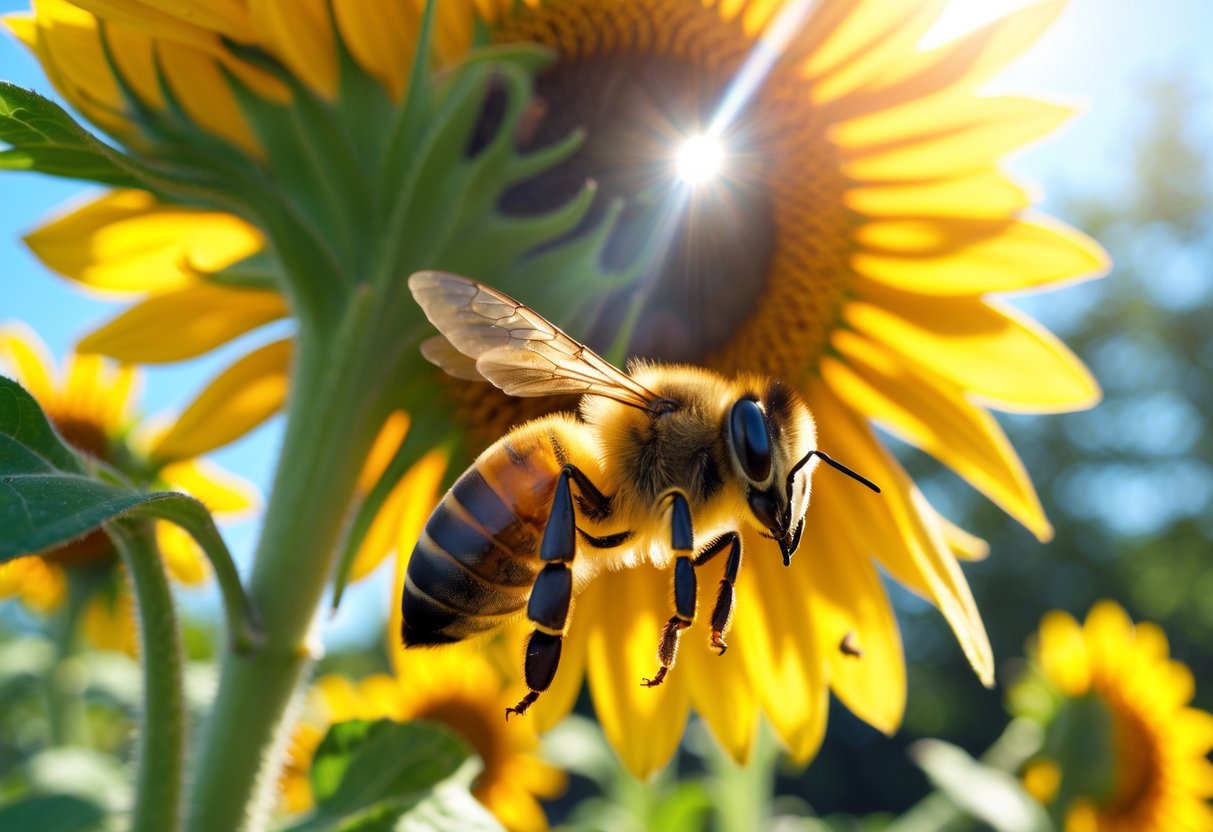 A honeybee flying near a bright yellow sunflower in a garden with green foliage.