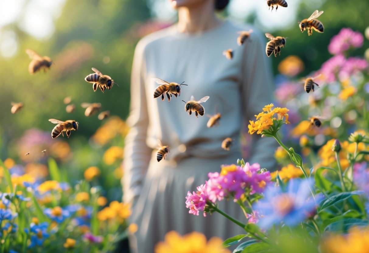 A person standing calmly in a garden with bees flying around colorful flowers.