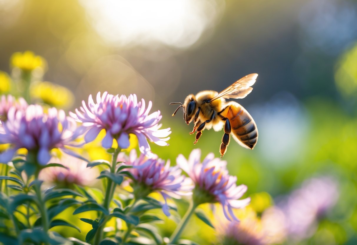 A honeybee flying near colorful blooming flowers in a sunny garden.