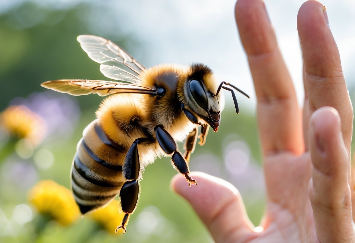 A close-up of a bee flying near a raised human hand outdoors with greenery in the background.