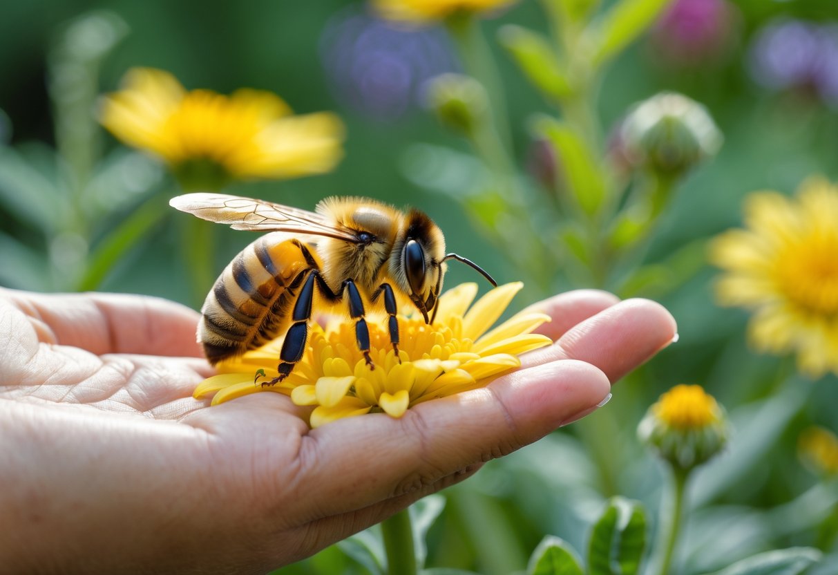 A person's hand gently stroking a honeybee on a yellow flower in a garden.