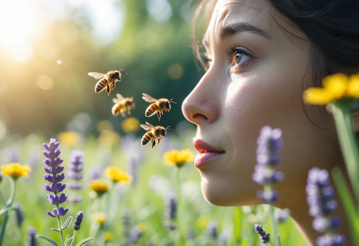 A person calmly observing bees flying near wildflowers in a sunlit garden.