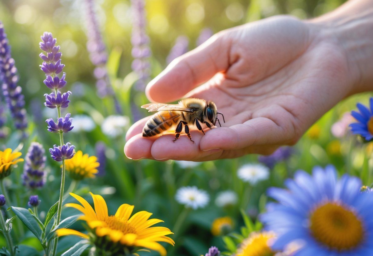 A person gently holding a honeybee on their fingertip in a colorful garden with blooming flowers.