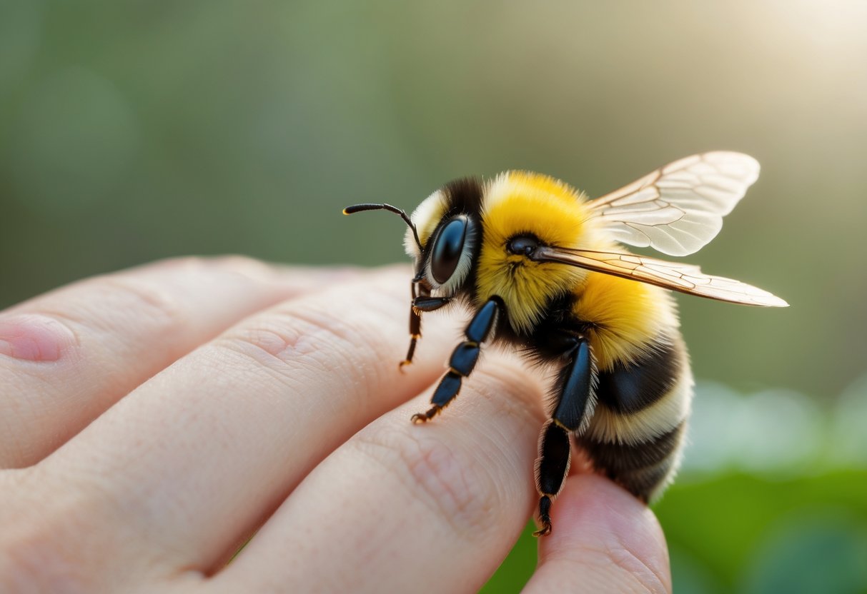 A close-up of a human hand with a small red bump and a bumblebee resting nearby on the skin.