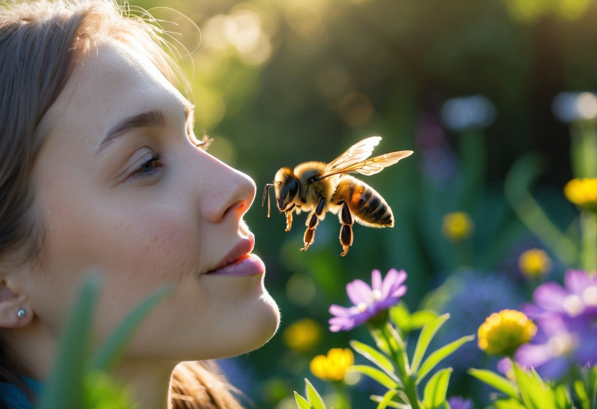 A person outdoors looking calmly at a bee flying close to their face surrounded by flowers and greenery.