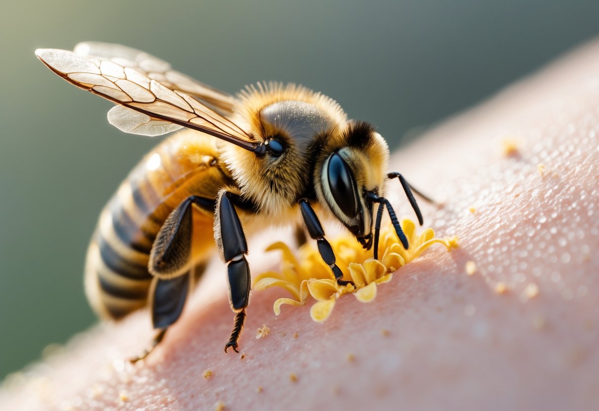 Close-up of a bee stinging human skin with visible stinger and slight redness around the sting area.