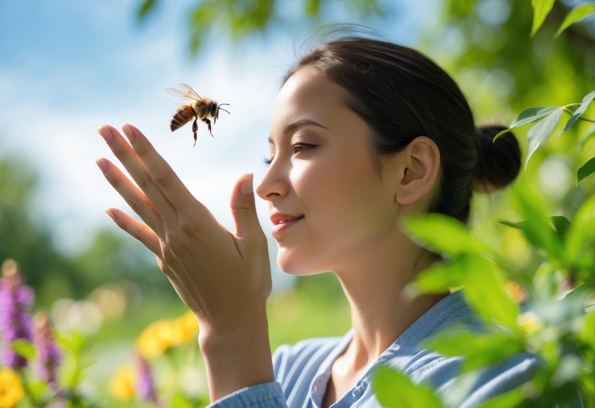 A person outdoors gently waving their hand near their face to shoo away a bee flying close to them in a garden setting.