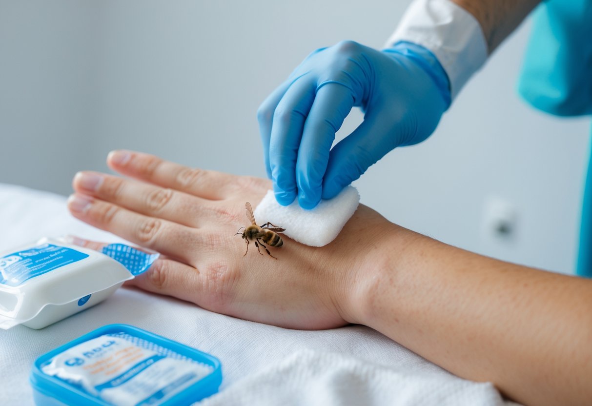 A person receiving first aid treatment for a bee sting on their finger with a cold compress applied by gloved hands.