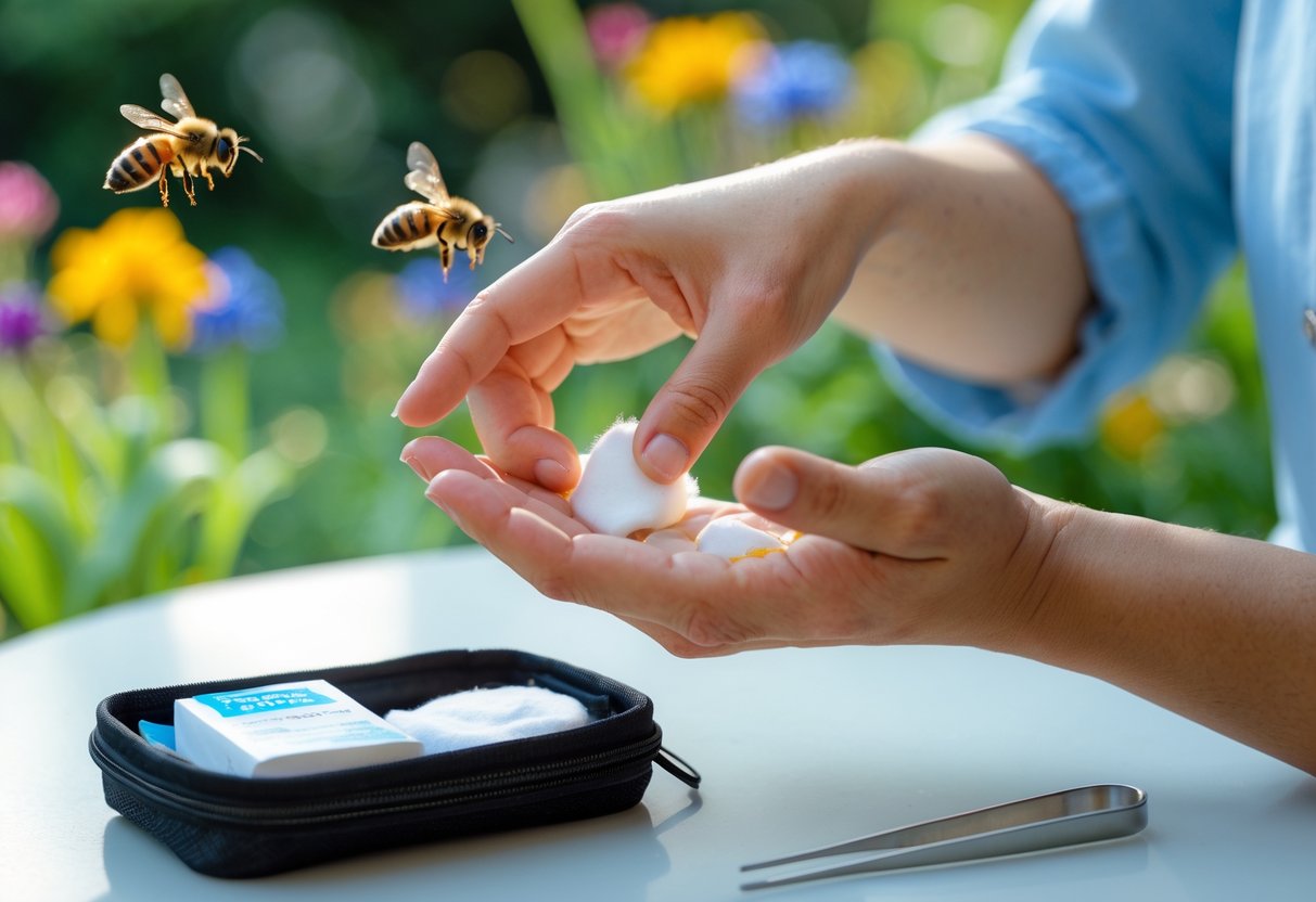A person treating a bee sting on their hand with a first aid kit nearby and bees flying around flowers in the background.