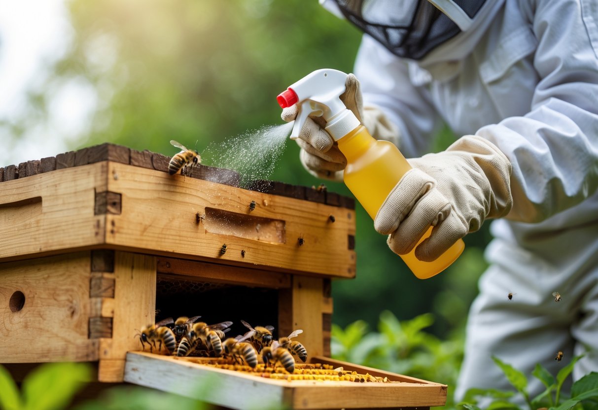 A beekeeper sprays a fine mist onto a wooden beehive entrance while calm honeybees gather around.