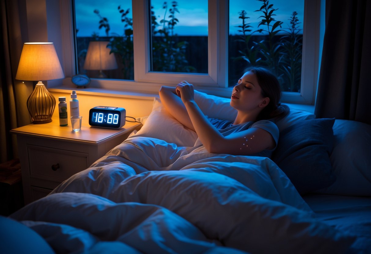 A person lying in bed at night scratching their arm with a bedside table holding insect repellent and a glass of water, a window showing a dark garden outside.