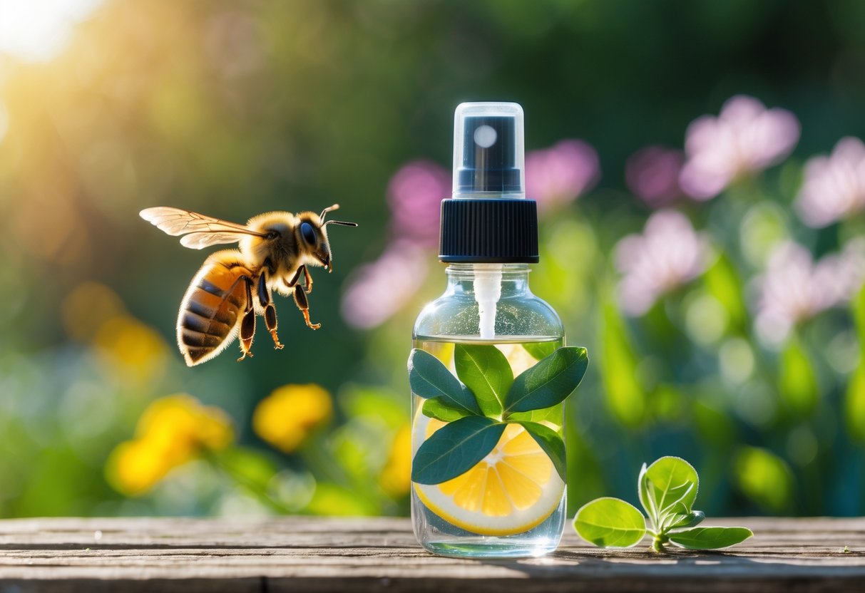 A honeybee flying near flowers with a jar of natural bee-repellent spray on a wooden surface in a garden.