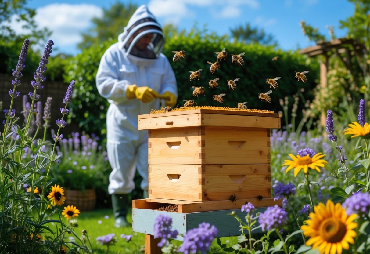 A person in protective clothing tending a wooden beehive surrounded by flowering plants with honey bees flying around in a sunny garden.