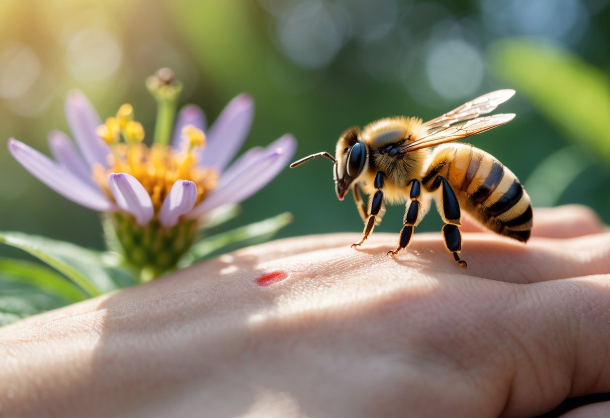 Close-up of a human hand with a red sting mark and a queen bee perched on a flower nearby.