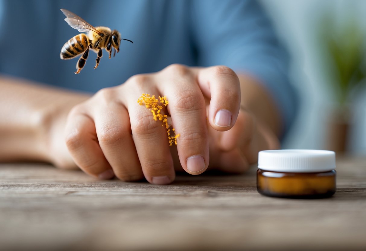 Close-up of a hand with a bee sting on the finger showing incorrect treatment like squeezing or scratching the sting.