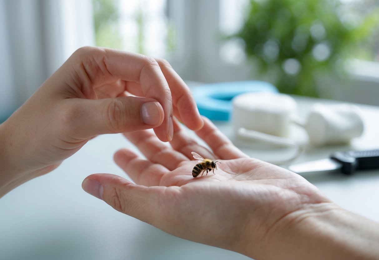 Close-up of a person's hand with a bee sting, showing the person gently touching the affected area indoors.