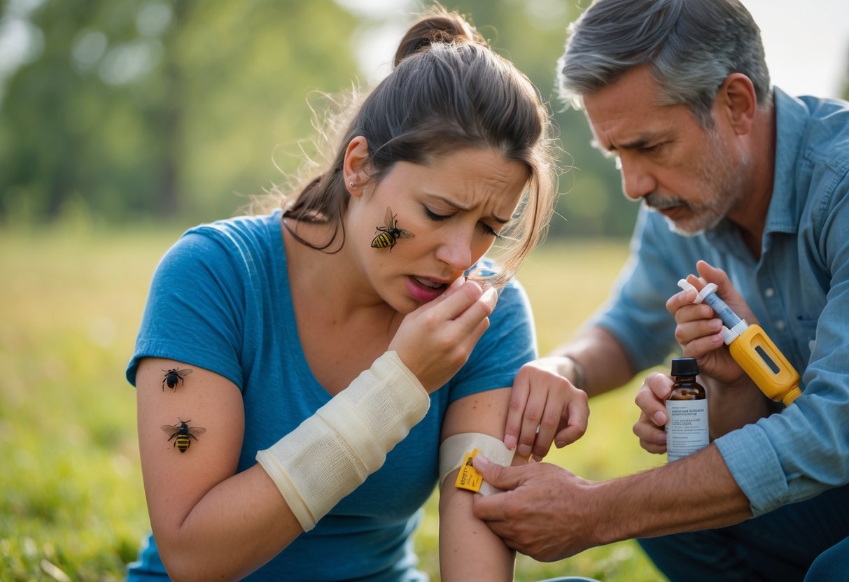 A woman outdoors with a bee sting on her arm, scratching it and showing swelling, while a bystander hesitates holding an epinephrine injector.