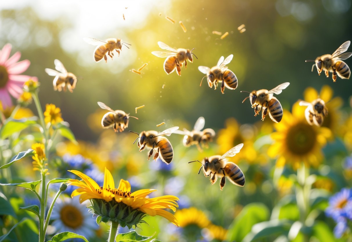 Close-up of honey bees flying around and collecting nectar from blooming flowers in a garden during late summer.