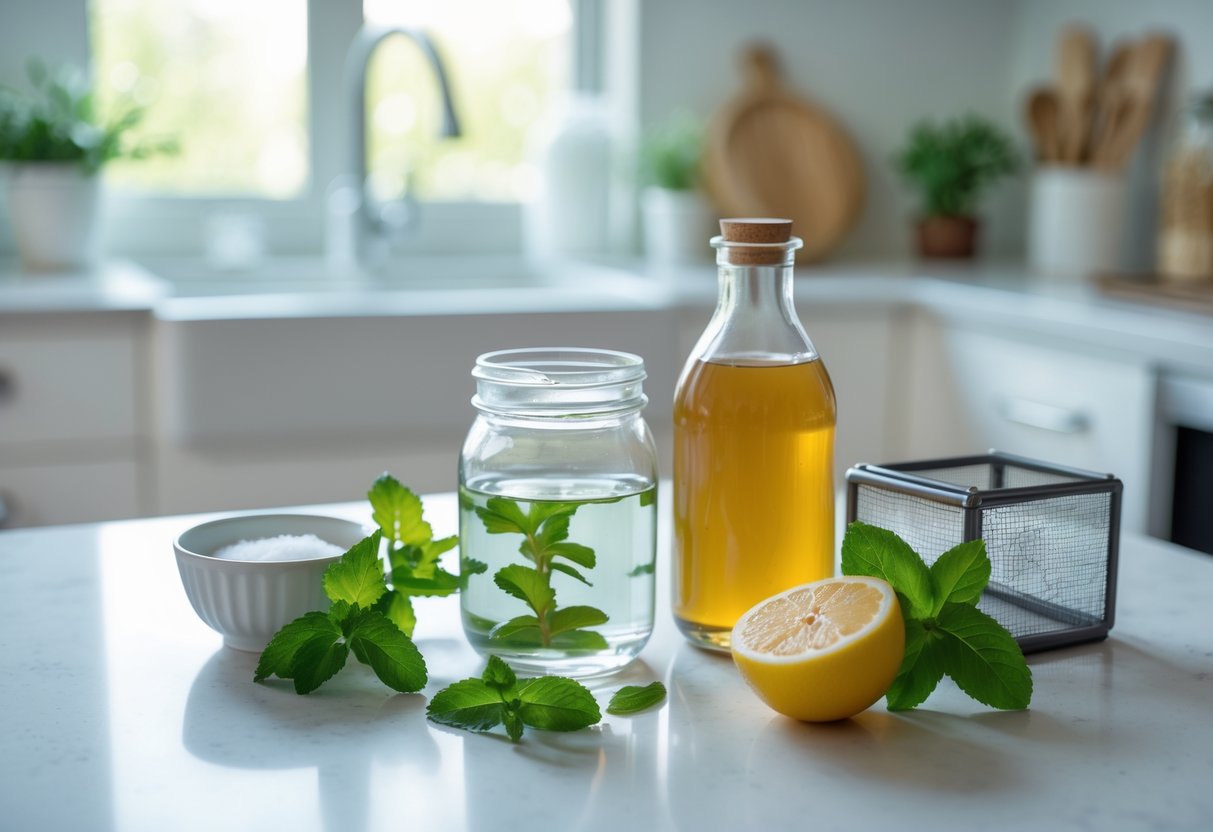 A kitchen countertop with ingredients and a homemade bee trap solution arranged together.