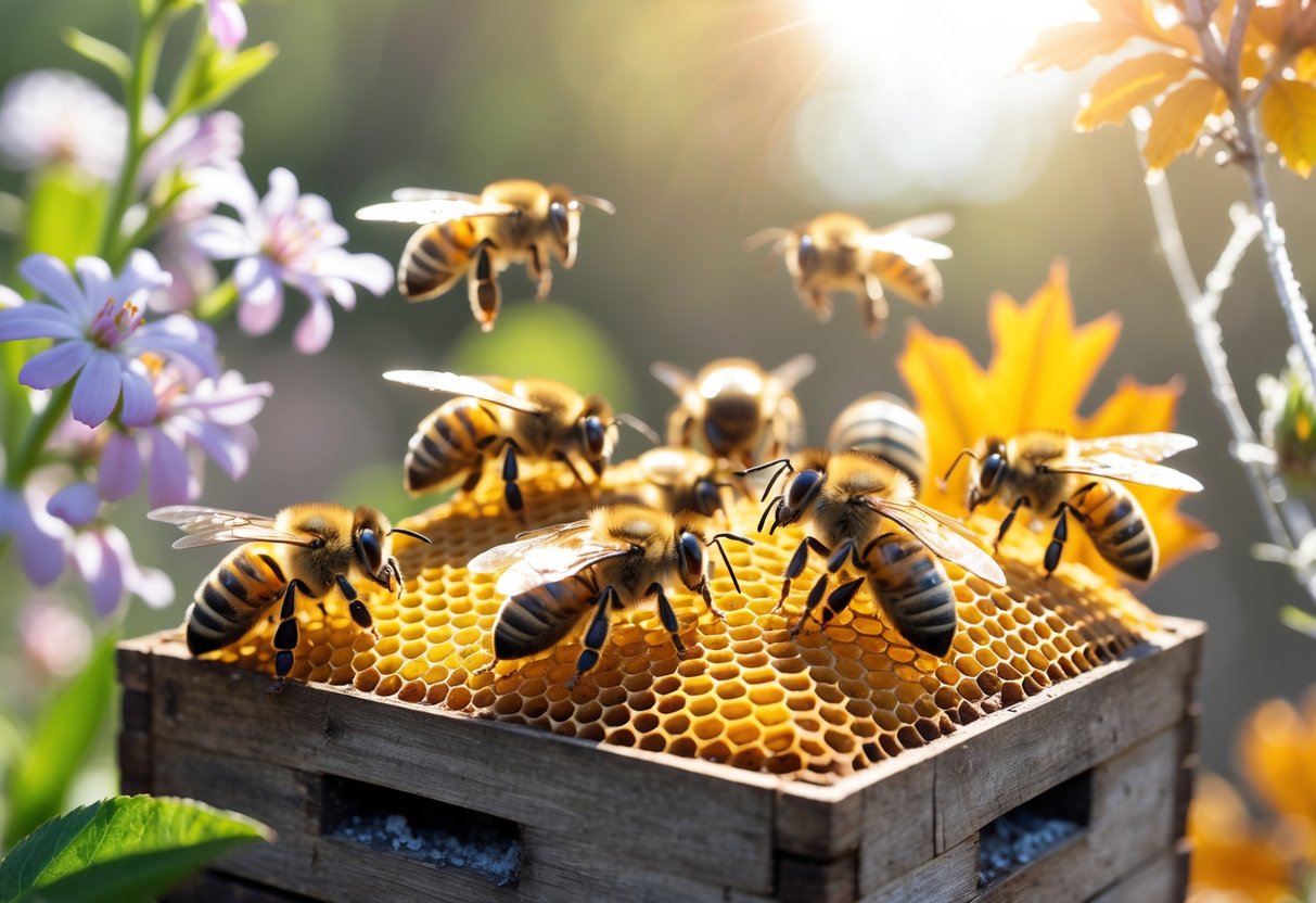 Close-up of a honey bee colony on a hive with bees in defensive postures surrounded by seasonal elements representing spring, summer, autumn, and winter.