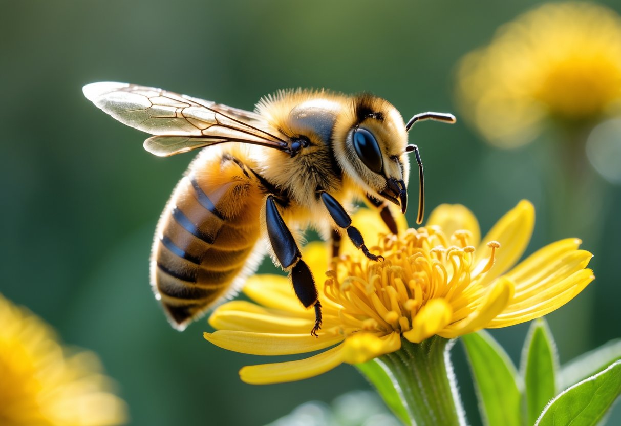 A close-up of a honeybee on a yellow flower with its stinger visible.