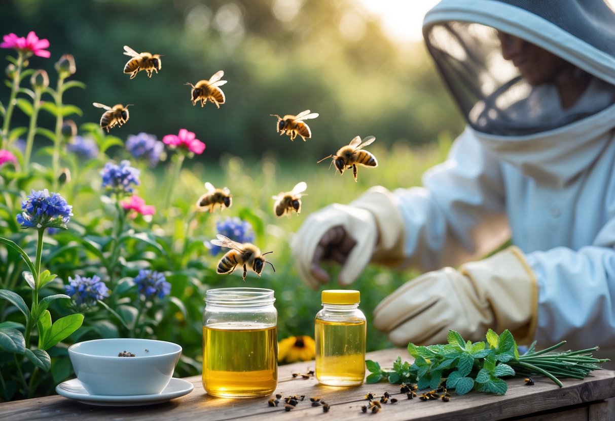 A beekeeper wearing protective gloves and veil observes different types of bees on flowers, with natural homemade bee deterrents arranged nearby on a wooden table in a garden.