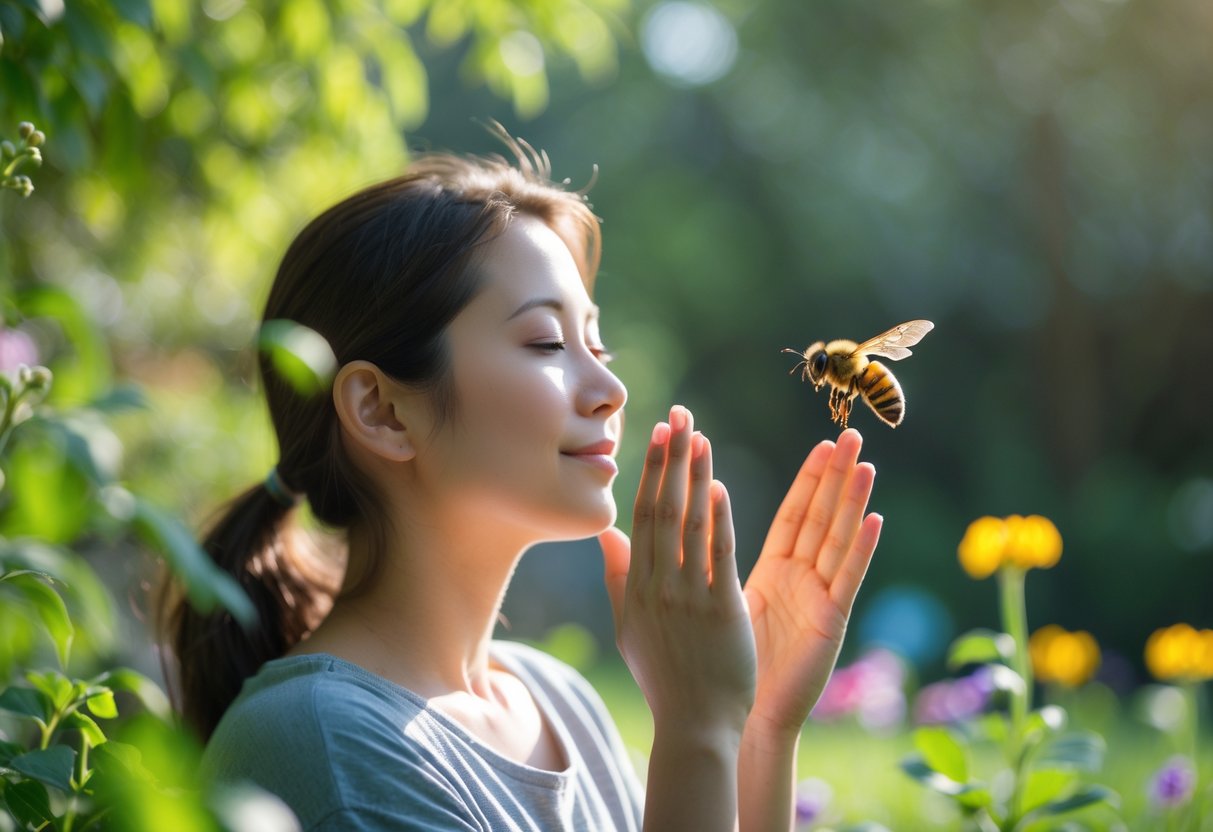 A person outdoors calmly raising hands while a bee flies near their face in a garden.