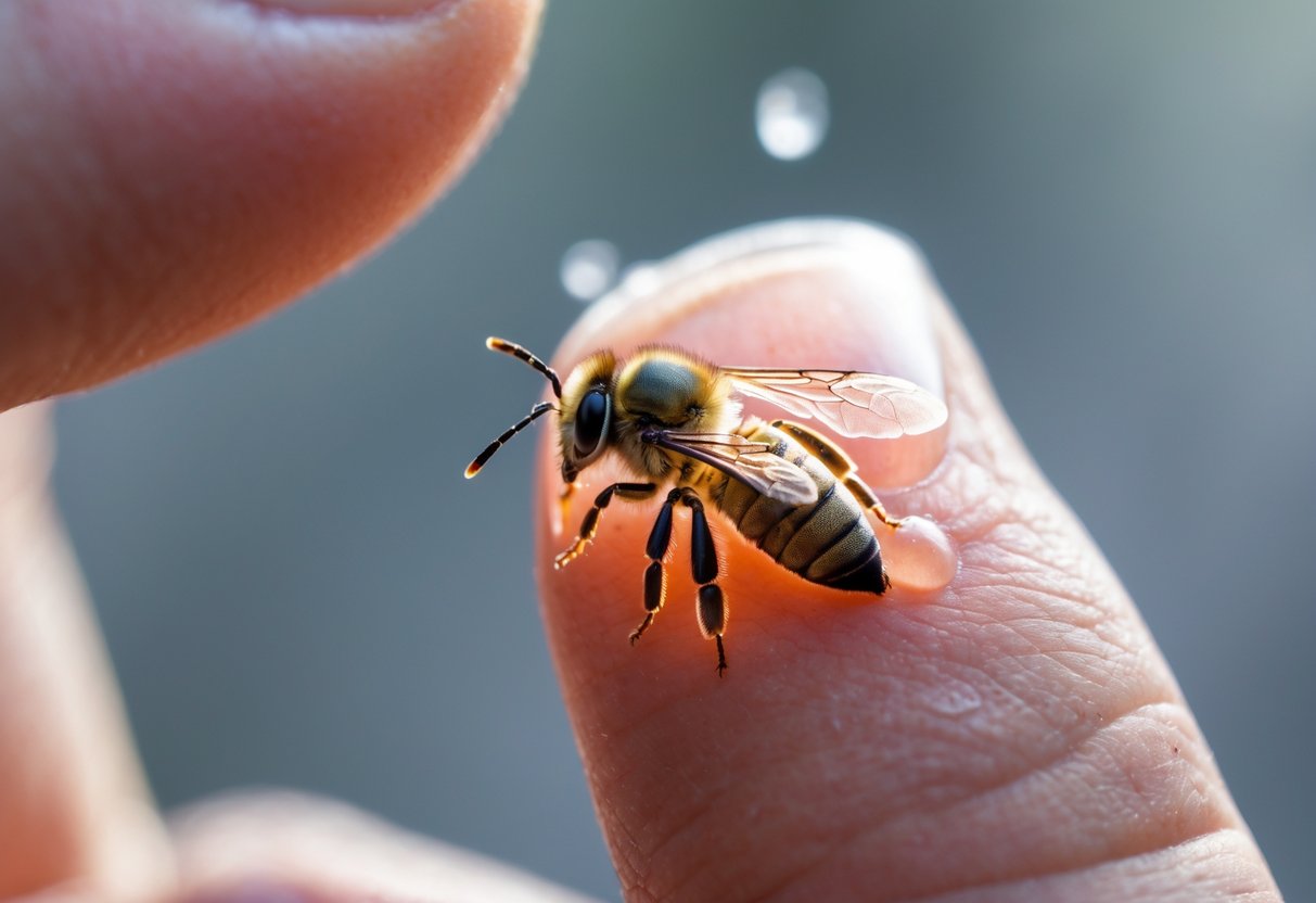 Close-up of a finger with a bee stinger embedded, showing redness and swelling around the sting.
