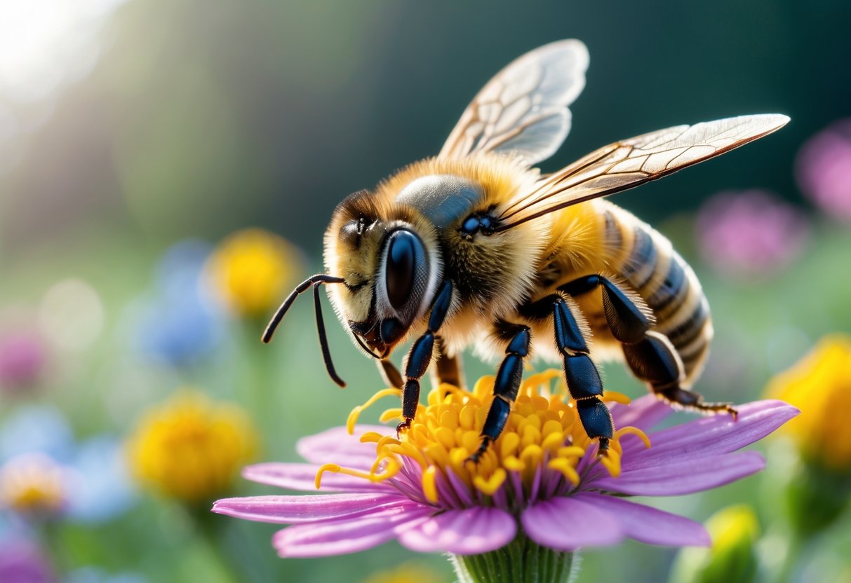 Close-up of a honeybee on a flower with its face and eyes clearly visible in a garden setting.