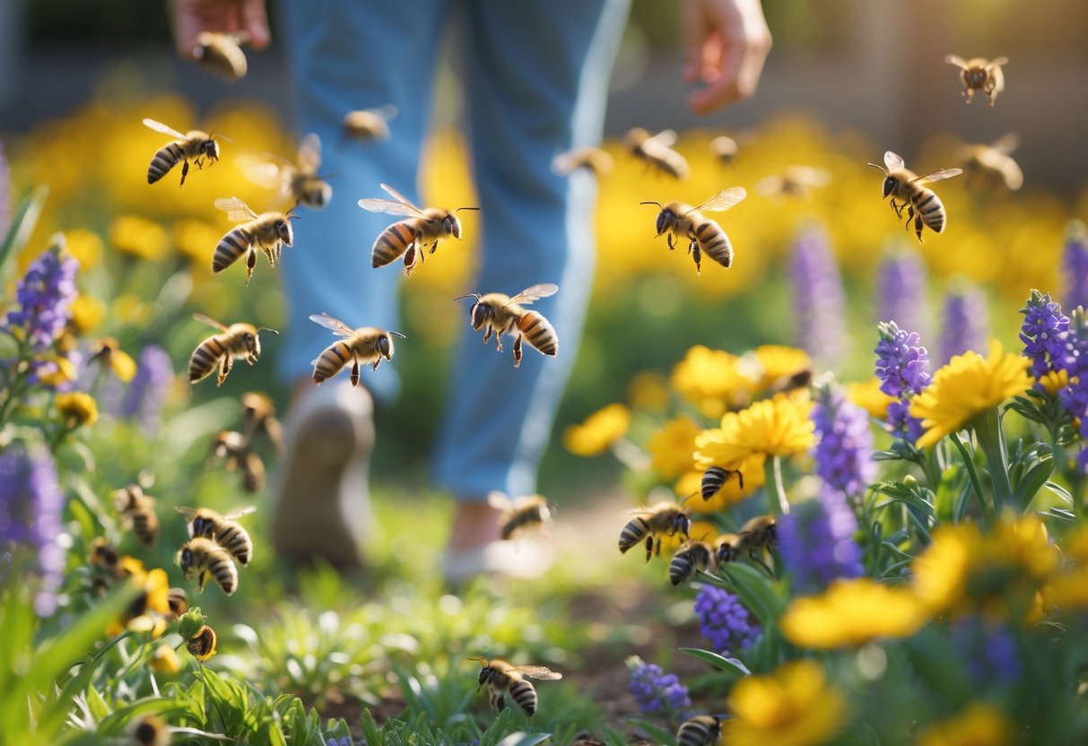 A person walking past bees pollinating flowers in a garden.
