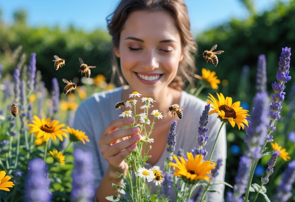 A person in a garden holding flowers with bees flying around the blossoms.