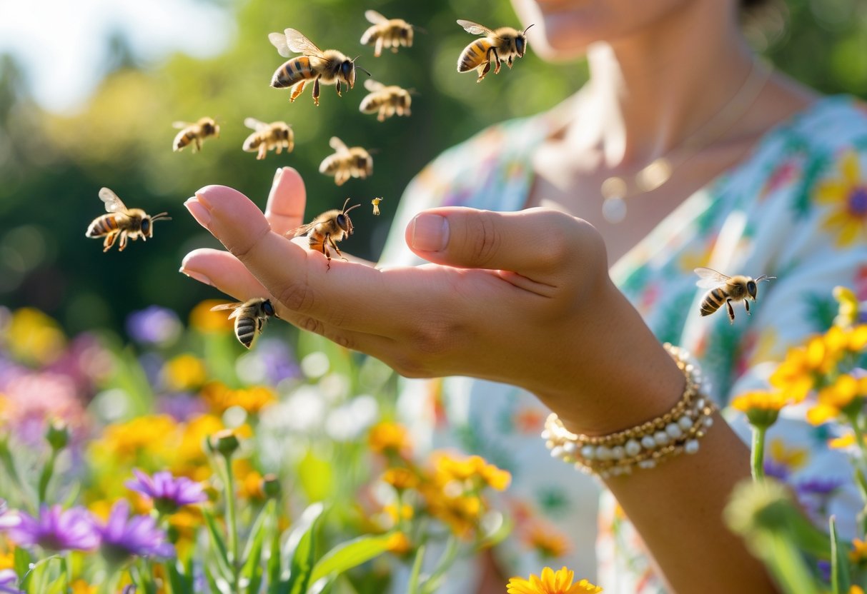 Close-up of a person outdoors with bees hovering around their hand and face near colorful flowers.
