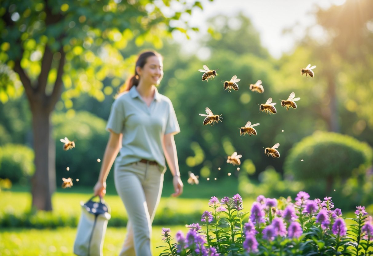 A person walking calmly past flowers with bees flying nearby in a sunny garden.