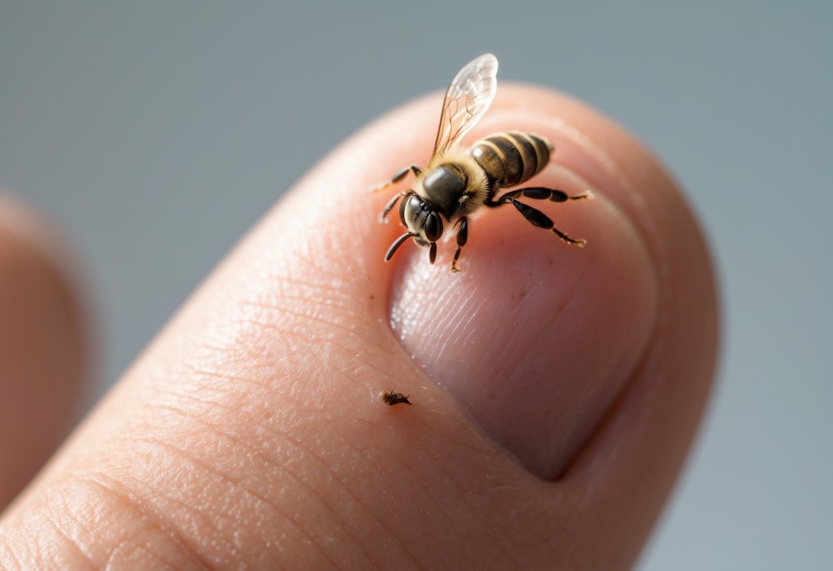 Close-up of a finger with a bee sting embedded, showing redness and swelling around the sting.