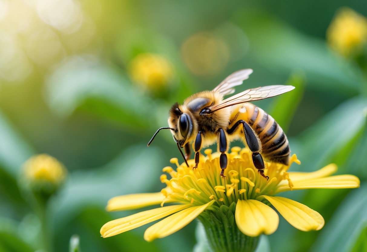 A close-up of a honeybee resting on a yellow flower with green leaves in the background.