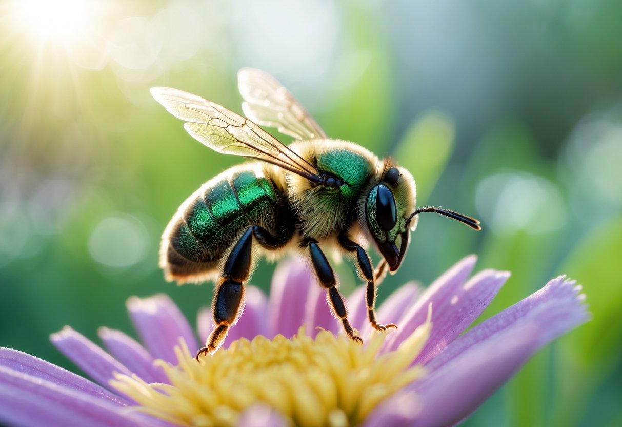 A close-up of a small sweat bee resting on a flower petal in a garden.