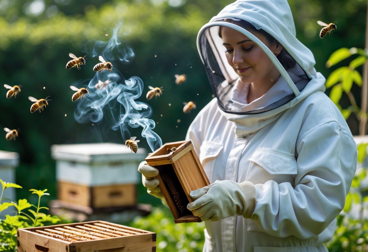 A person wearing protective beekeeping gear using a bee smoker near beehives with bees flying calmly around.