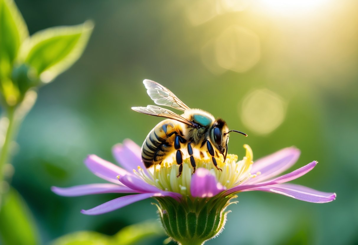 A small sweat bee resting on a colorful flower petal outdoors with green leaves in the background.