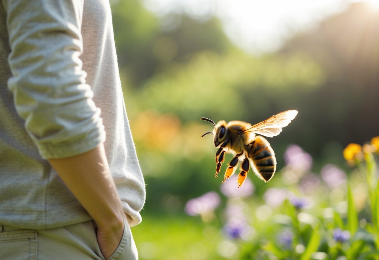 A person standing still outdoors looking at a bee hovering nearby in a garden.