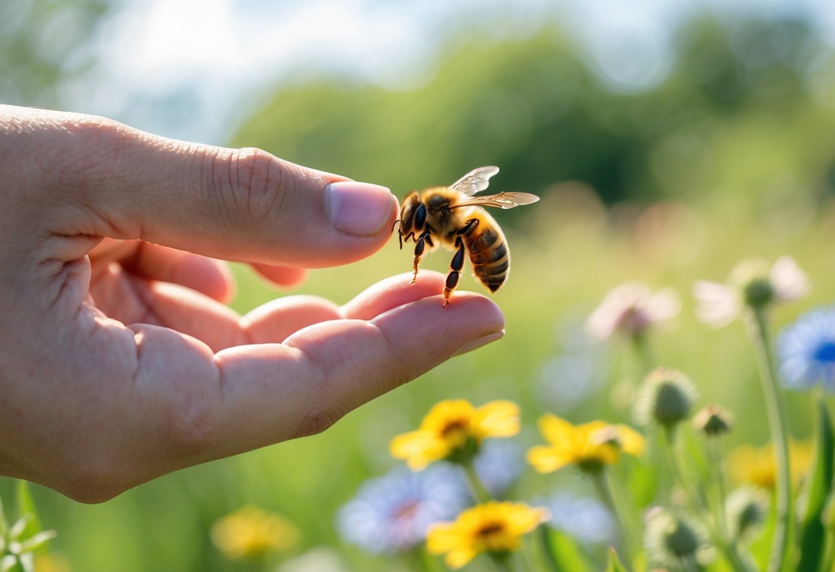 A person outdoors holding a honeybee on their finger, looking at it closely in a garden with flowers.