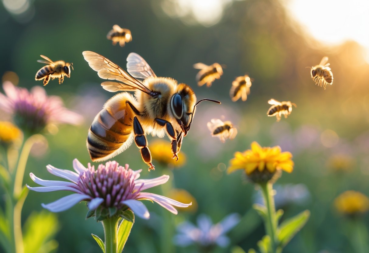 A honeybee flying near a flower in a garden during late afternoon.