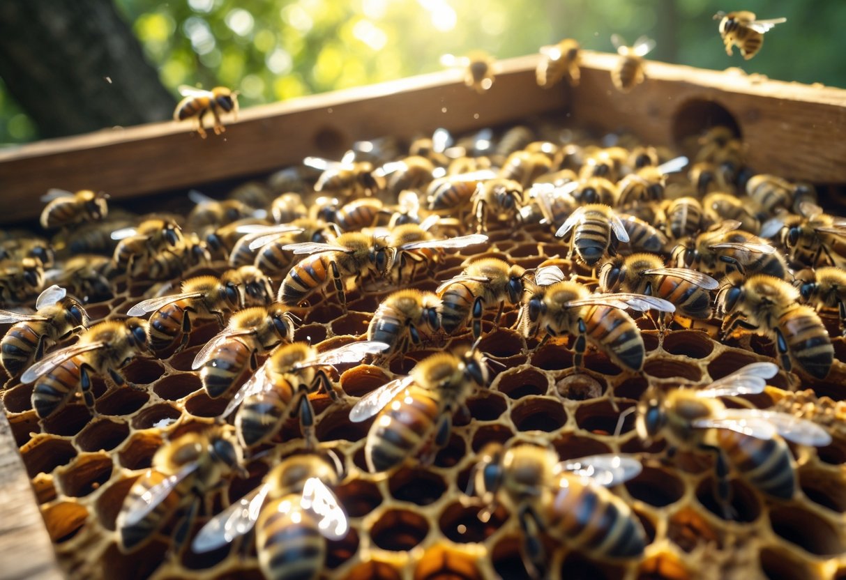 Close-up view of a beehive with many bees clustered on honeycomb inside a natural hive.