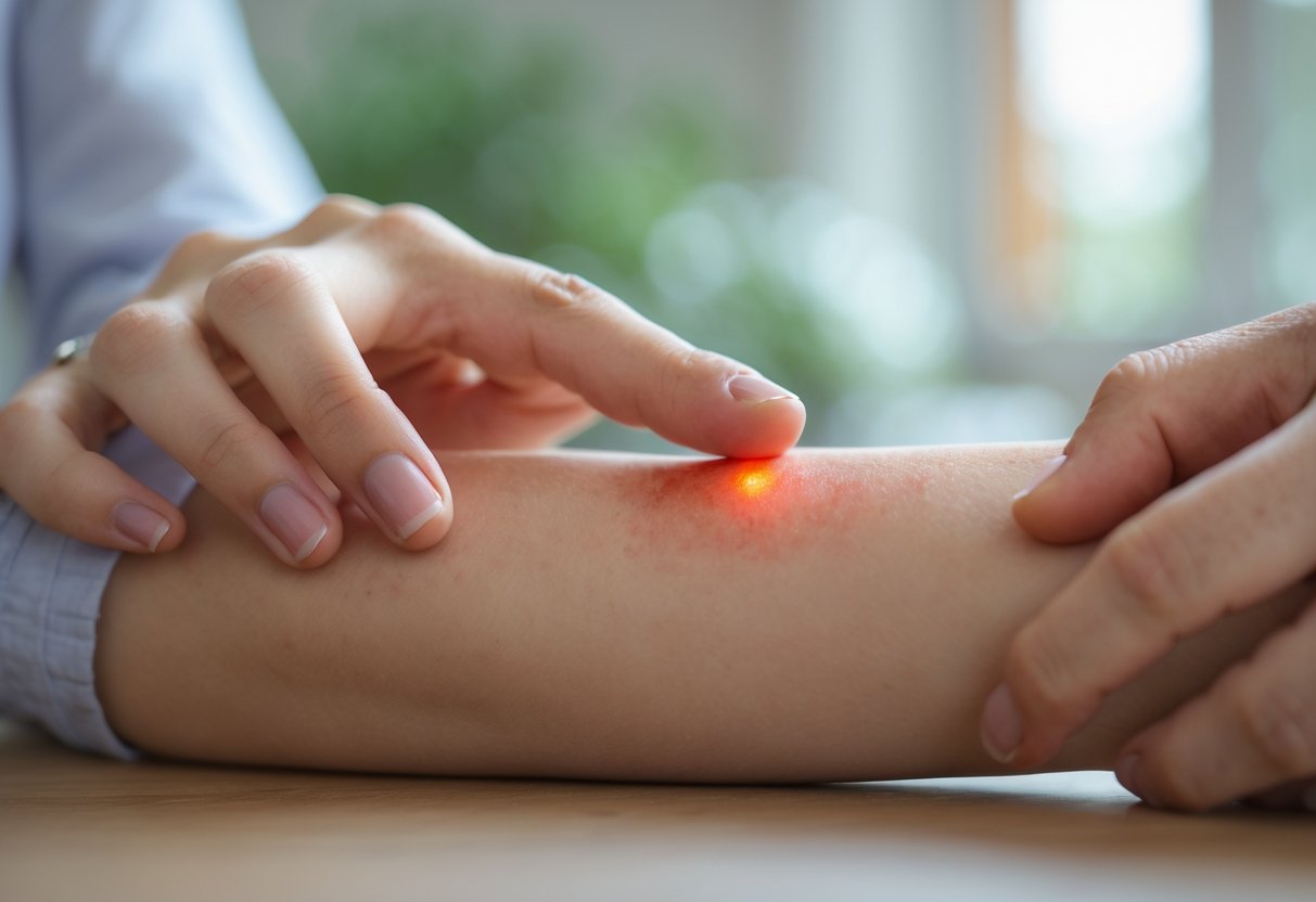 A person examining a swollen, red area on their forearm caused by a bee sting.
