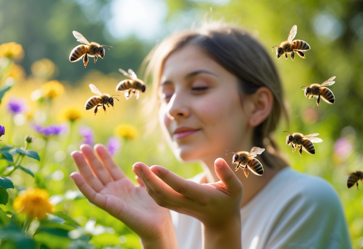 A person outdoors surrounded by bees flying near their face and hands in a garden with flowers and green plants.
