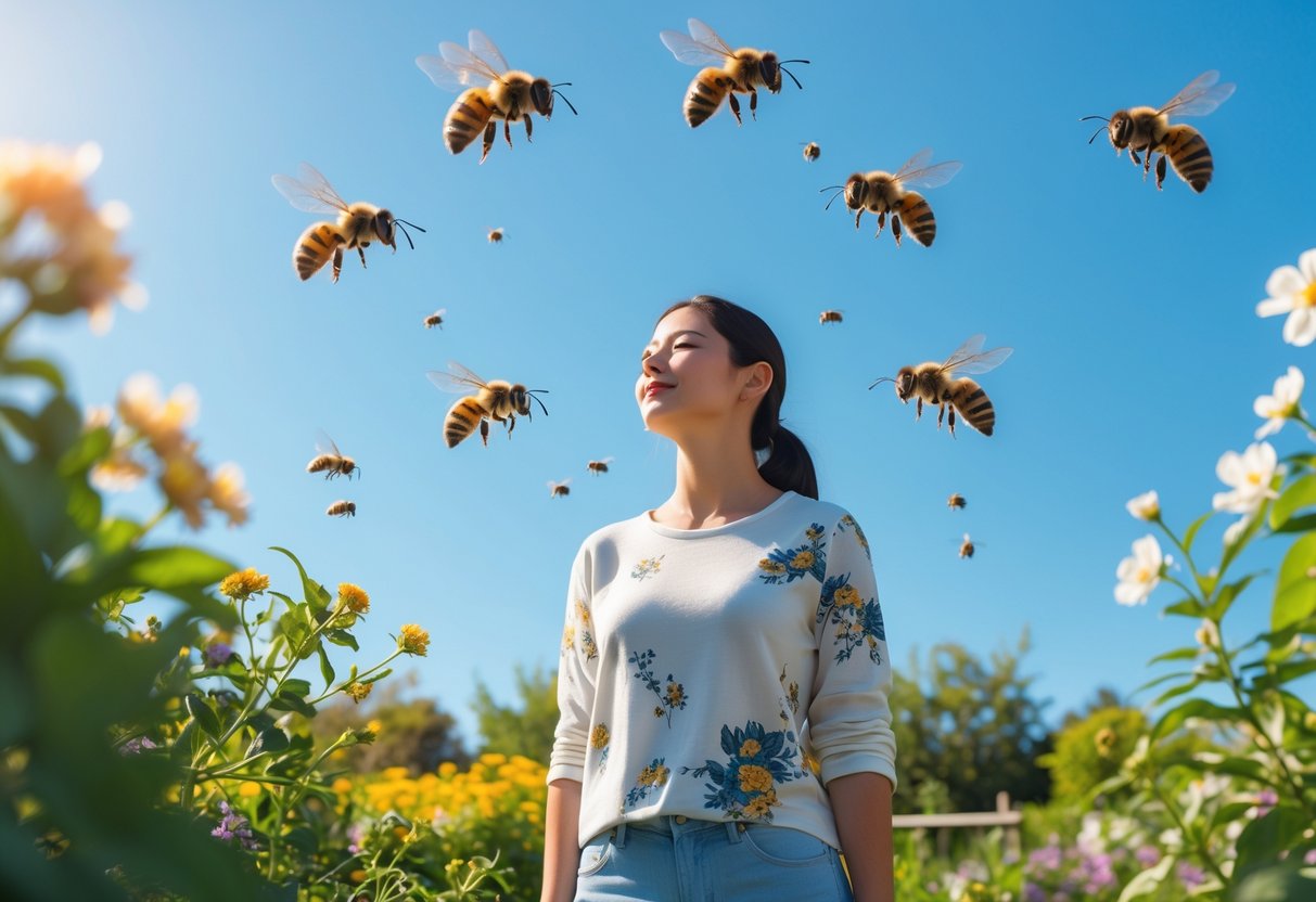 A person standing calmly in a garden with bees flying nearby but not landing.