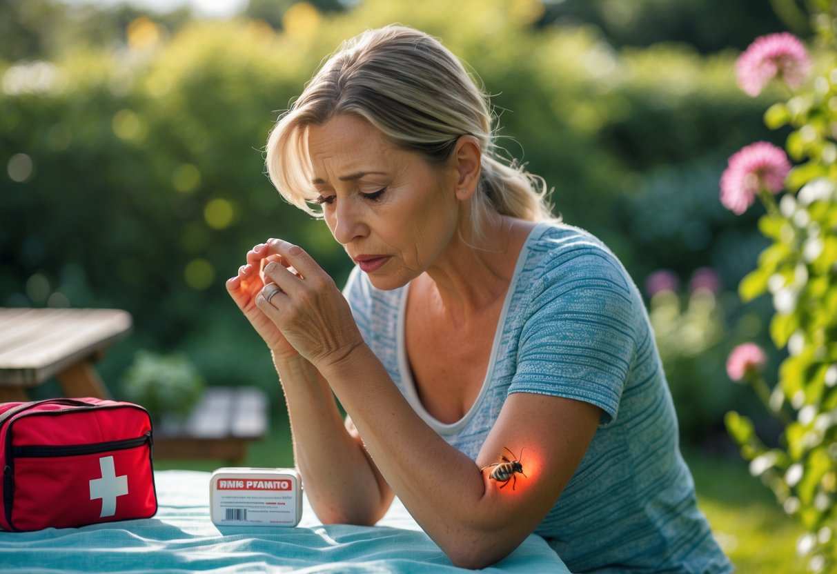 A woman outdoors examining a red, swollen bee sting on her forearm with a concerned expression.