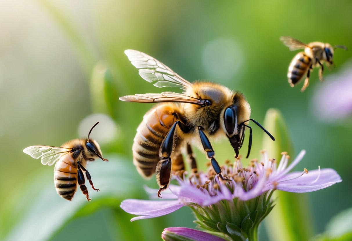 Close-up of a honeybee on a flower showing signs of distress next to a healthy bee.